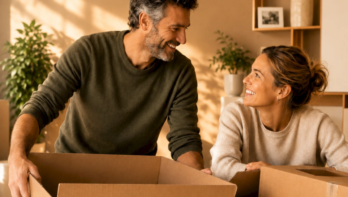 A couple packing a moving box at home